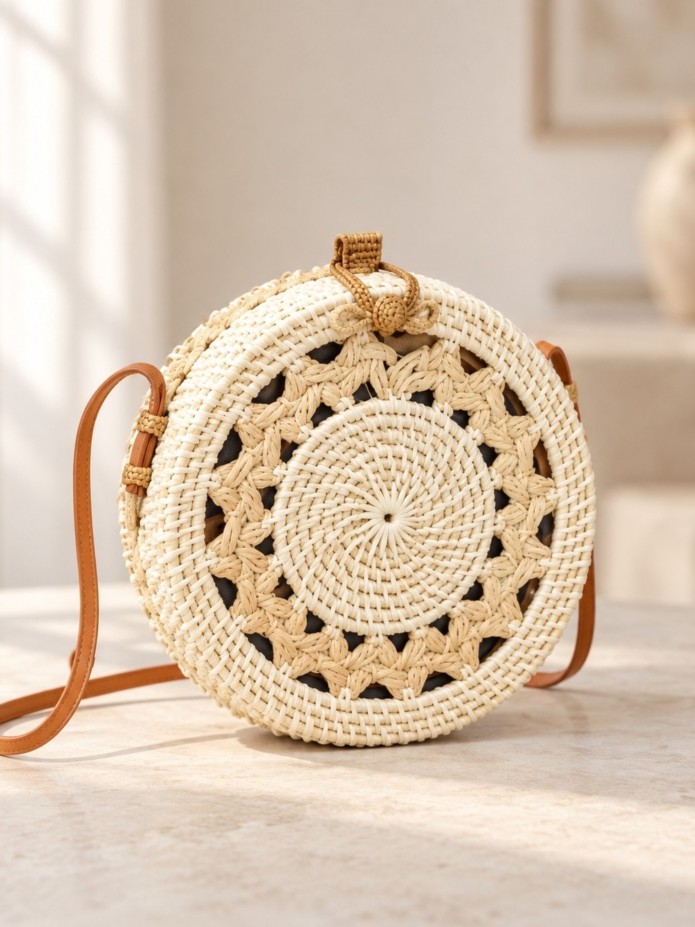 Woven Round Crossbody Bag - Cream & Tan